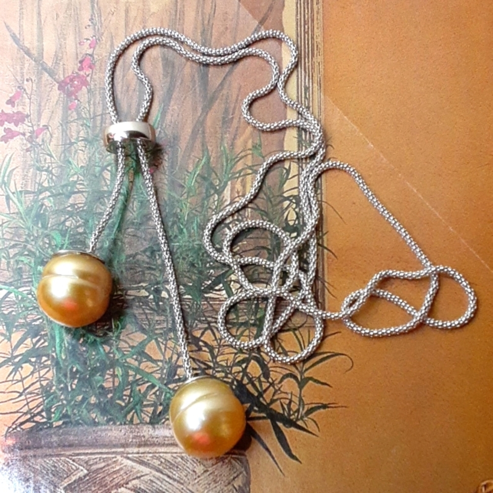 925 Genuine 13-14mm Cultured South Sea Pearl Lariat necklace.